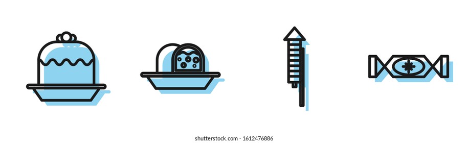 Set line Firework rocket, Cake, Marzipan sponge cake and Candy icon. Vector