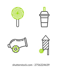 Set line Firework rocket, Cannon, Paper glass with drinking straw and water and Lollipop icon. Vector