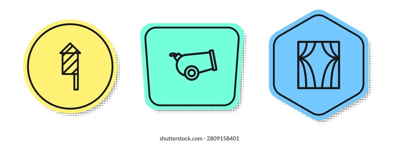 Set line Firework rocket, Cannon and Circus curtain raises. Colored shapes. Vector