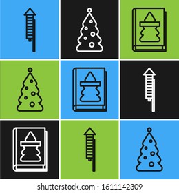 Set line Firework rocket, Christmas book and Christmas tree with decorations icon. Vector