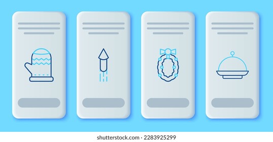 Set line Firework rocket, Christmas wreath, mitten and covered with tray icon. Vector
