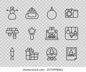 Set line Firework rocket, Christmas postcard, ball, Gift box, snowman, star, globe and lights icon. Vector