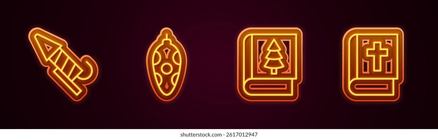 Set line Firework rocket, Christmas toy, book and Holy bible. Glowing neon icon. Vector