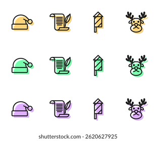 Set line Firework rocket, Christmas Santa Claus hat, Envelope and Reindeer icon. Vector