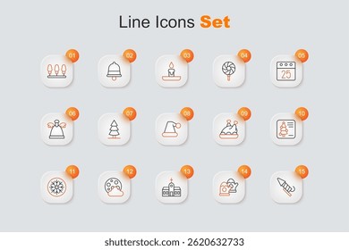 Set line Firework rocket, Christmas mittens, Church building, night, Snowflake, postcard, Roasted turkey chicken and Santa Claus hat icon. Vector