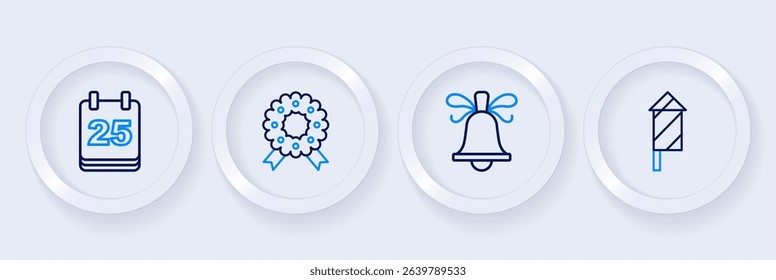Set line Firework rocket, Christmas ringing bell, wreath and day calendar icon. Vector