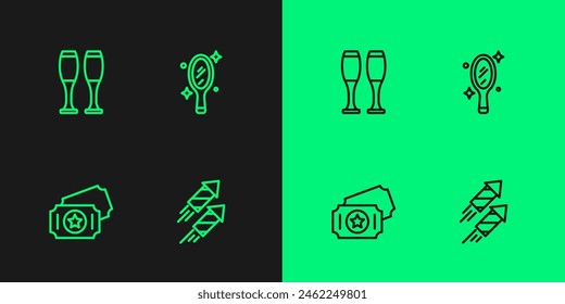Set line Firework rocket, Circus ticket, Bowling pin and Magic hand mirror icon. Vector