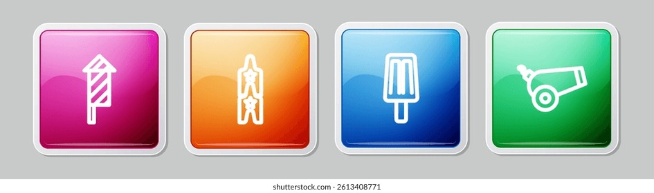 Set line Firework rocket, Circus ticket, Ice cream and Cannon. Colorful square button. Vector