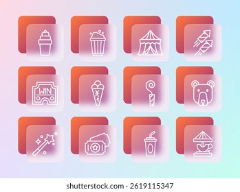 Set line Firework rocket, Circus ticket, Birthday party horn, Paper glass with water, Ice cream in waffle, tent,  and Popcorn cardboard box icon. Vector