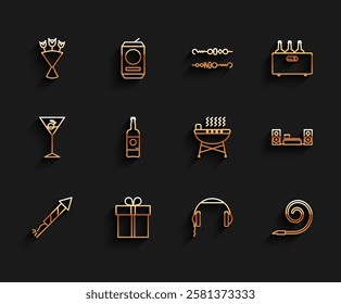 Set line Firework rocket, Gift box, Bouquet of flowers, Headphones, Birthday party horn, Beer bottle, Home stereo with two speakers and Barbecue grill icon. Vector