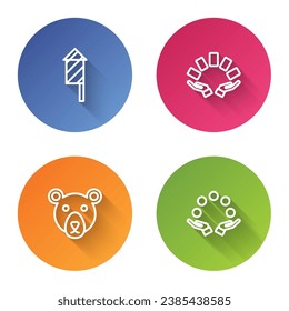Set line Firework rocket, Hand holding playing cards, Bear head and Juggling ball. Color circle button. Vector