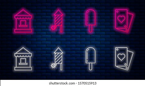 Set line Firework rocket, Ice cream, Ticket box office and Playing card. Glowing neon icon on brick wall. Vector