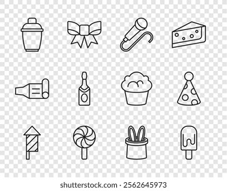 Set line Firework rocket, Ice cream, Microphone, Lollipop, Cocktail shaker, Champagne bottle, Magician hat and rabbit ears and Party icon. Vector