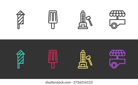 Set line Firework rocket, Ice cream, Striker attraction with hammer and Fast street food cart on black and white. Vector