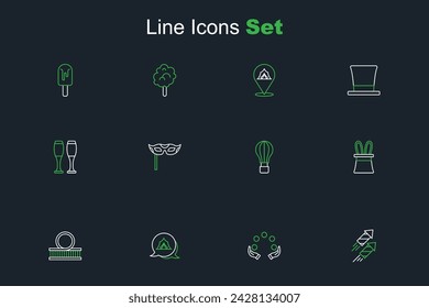 Set line Firework rocket, Juggling ball, Circus tent, Roller coaster, Magician hat and rabbit ears, Hot air balloon, Festive mask and Bowling pin icon. Vector
