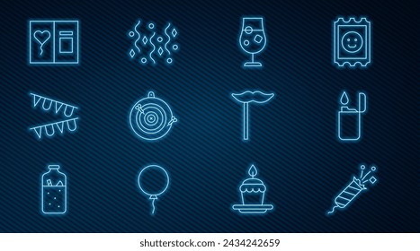 Set line Feuerwerksrakete, Feuerzeug, Cocktail und Alkohol-Getränk, klassischer Dartpfeil, Karnevalsgirlande mit Fahnen, Grußkarte, Papier-Schnurrbart auf Stock und festliches Konfetti-Symbol. Vektor