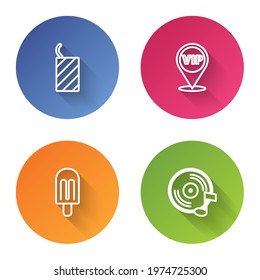 Set line Firework rocket, Location Vip, Ice cream and Vinyl disk. Color circle button. Vector