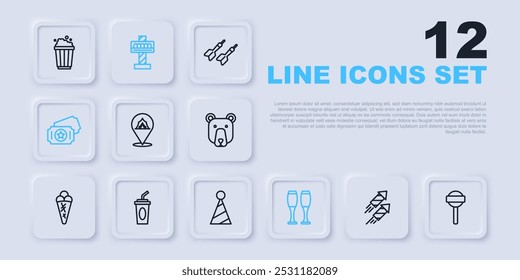 Set line Firework rocket, Lollipop, Circus tent, Bowling pin, ticket, Paper glass with water, Attraction carousel and Party hat icon. Vector