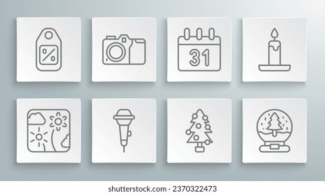 Set line Firework rocket, Photo camera, Microphone, Christmas tree, snow globe, Calendar, Burning candle and Price tag with Sale icon. Vector