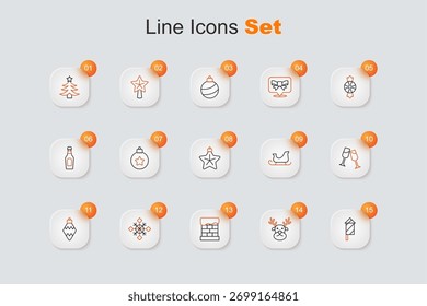 Set line Firework rocket, Reindeer, Christmas chimney, Snowflake, toy, Glass of champagne, santa claus sleigh and star icon. Vector