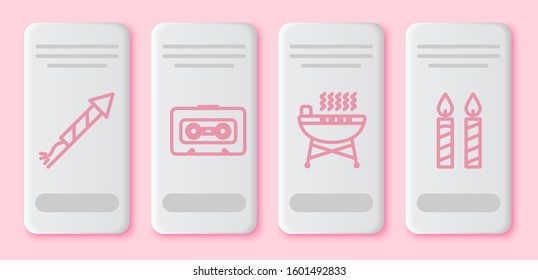 Set line Firework rocket , Retro audio cassette tape , Barbecue grill  and Birthday cake candles . White rectangle button. Vector