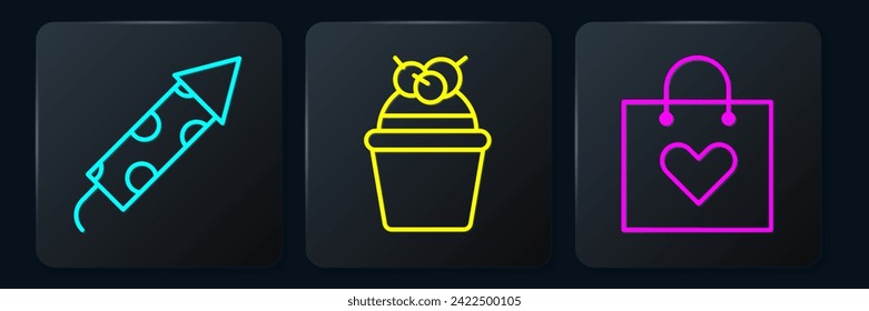 Set line Firework rocket, Shopping bag with heart and Cake. Black square button. Vector