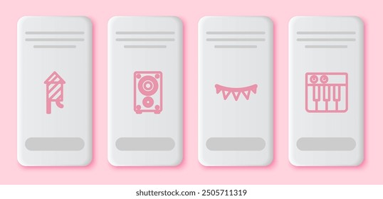 Set line Firework rocket, Stereo speaker, Carnival garland with flags and Music synthesizer. White rectangle button. Vector