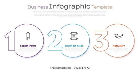 Set line Firework rocket, Torah scroll and Traditional ram horn, shofar. Business infographic template. Vector