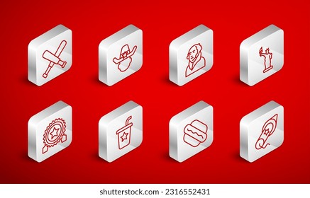 Set line Firework, Sheriff cowboy, George Washington, Statue of Liberty, Hotdog sandwich, Crossed baseball bat, Paper glass with straw and Medal star icon. Vector