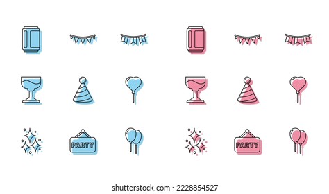 Set line Firework, Signboard party, Beer can, Balloons with ribbon, Party hat, in form of heart, Cocktail and Carnival garland flags icon. Vector