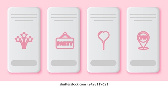 Set line Firework, Signboard party, Balloon in form of heart and Location Vip. White rectangle button. Vector