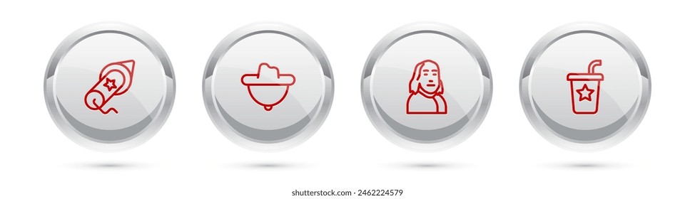 Set line Firework, Western cowboy hat, Benjamin Franklin and Paper glass with straw. Silver circle button. Vector