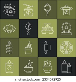Set line Firework, Yin Yang, Gong, Chinese paper lantern, Lotus flower, Yuan currency and Sushi cutting board icon. Vector