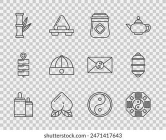 Set line Firework, Yin Yang, Jar of honey, Peach fruit, Bamboo, Chinese hat,  and paper lantern icon. Vector