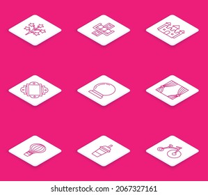 Set line Fireworks, Attraction carousel, Castle, Ticket, Magic ball, Curtain, Hot air balloon and Paper glass with drinking straw and water icon. Vector
