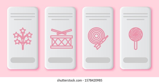 Set line Fireworks, Drum with drum sticks, Classic dart board and arrow and Lollipop. White rectangle button. Vector