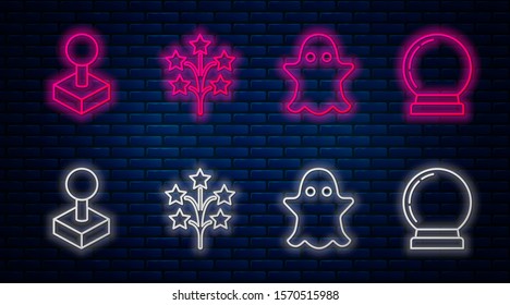 Set line Fireworks, Ghost, Joystick for arcade machine and Magic ball. Glowing neon icon on brick wall. Vector