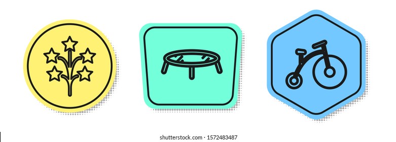 Set line Fireworks, Jumping trampoline and Vintage bicycle with one big wheel and one small. Colored shapes. Vector