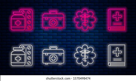Set line First aid kit, Emergency star medical symbol Caduceus snake with stick, Medicine bottle and pills and Medical book. Glowing neon icon on brick wall. Vector