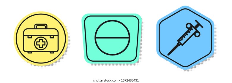 Set line First aid kit, Medicine pill or tablet and Syringe. Colored shapes. Vector