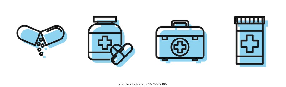 Set line First aid kit, Medicine pill or tablet, Medicine bottle and pills and Medicine bottle icon. Vector