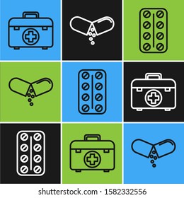 Set line First aid kit, Pills in blister pack and Medicine pill or tablet icon. Vector