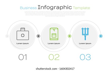 Set line First aid kit, Backpack and Neptune Trident. Business infographic template. Vector