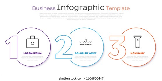 Set line First aid kit, Shark fin in ocean wave and Flashlight. Business infographic template. Vector