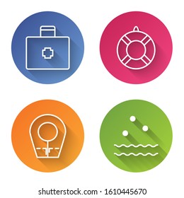 Set line First aid kit, Lifebuoy, Diving hood and Cold and waves. Color circle button. Vector
