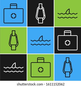Set line First aid kit, Shark fin in ocean wave and Carabiner icon. Vector