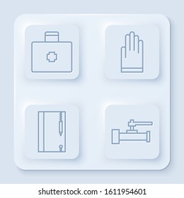 Set line First aid kit, Gloves, Underwater note book and pencil and Industry metallic pipes and valve. White square button. Vector