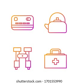 Set line First aid kit, Binoculars, Credit card and Kettle with handle. Gradient color icons. Vector