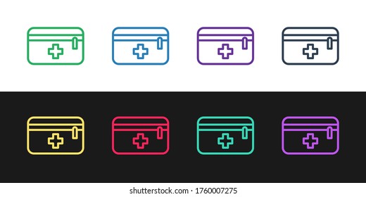 Set line First aid kit icon isolated on black and white background. Medical box with cross. Medical equipment for emergency. Healthcare concept. Vector Illustration