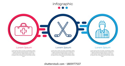 Set line First aid kit, Ice hockey sticks and Hockey judge, referee, arbiter. Business infographic template. Vector